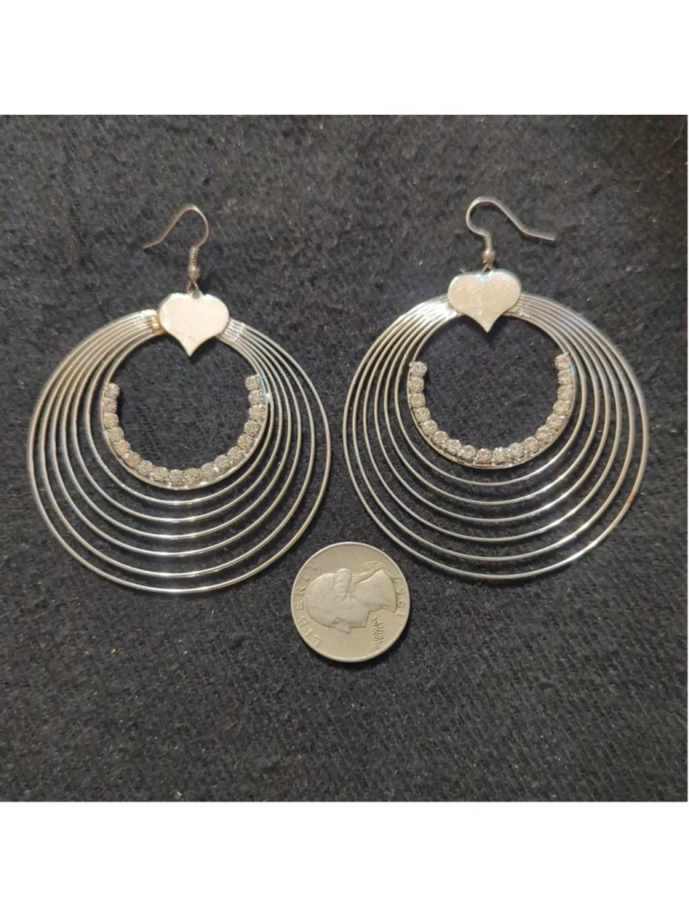 Silver Tone Clear Rhinestone Heart Hoop Dangle Statement Earrings